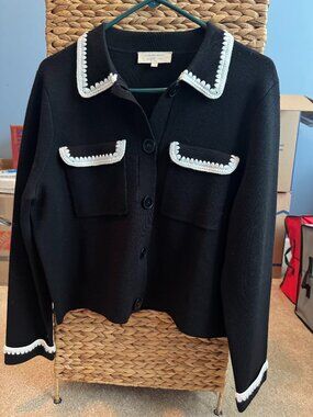 Sezane, Betty Cardigan, Black & Ecru Crochet, Size Medium